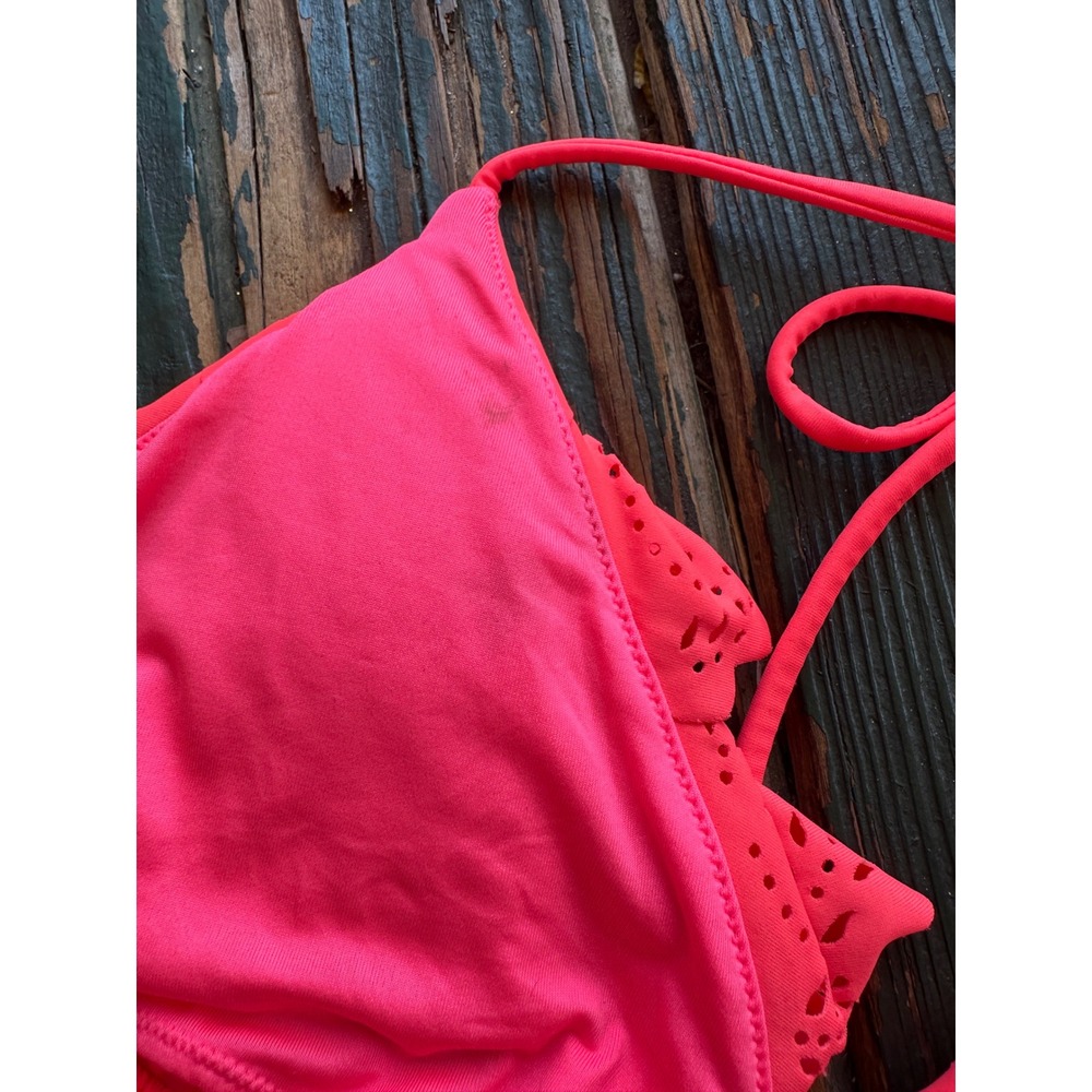 Victorias Secret Neon Pink Eyelet Laser Cut Ruffle Triangle Bikini Top Large - Picture 10 of 10